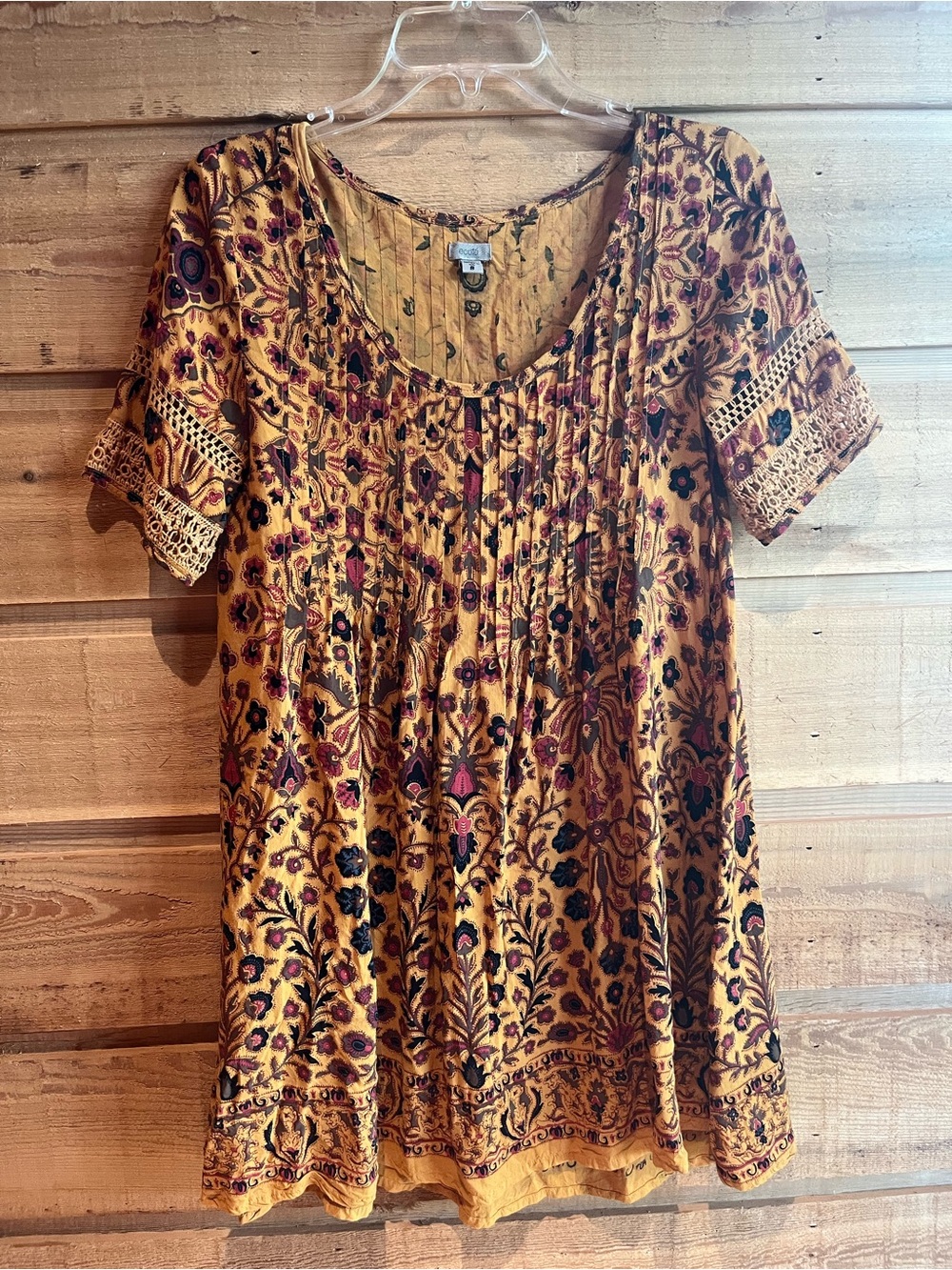 ECOTE - Mustard Floral Boho Babydoll Dress with Crochet Lace Sleeve